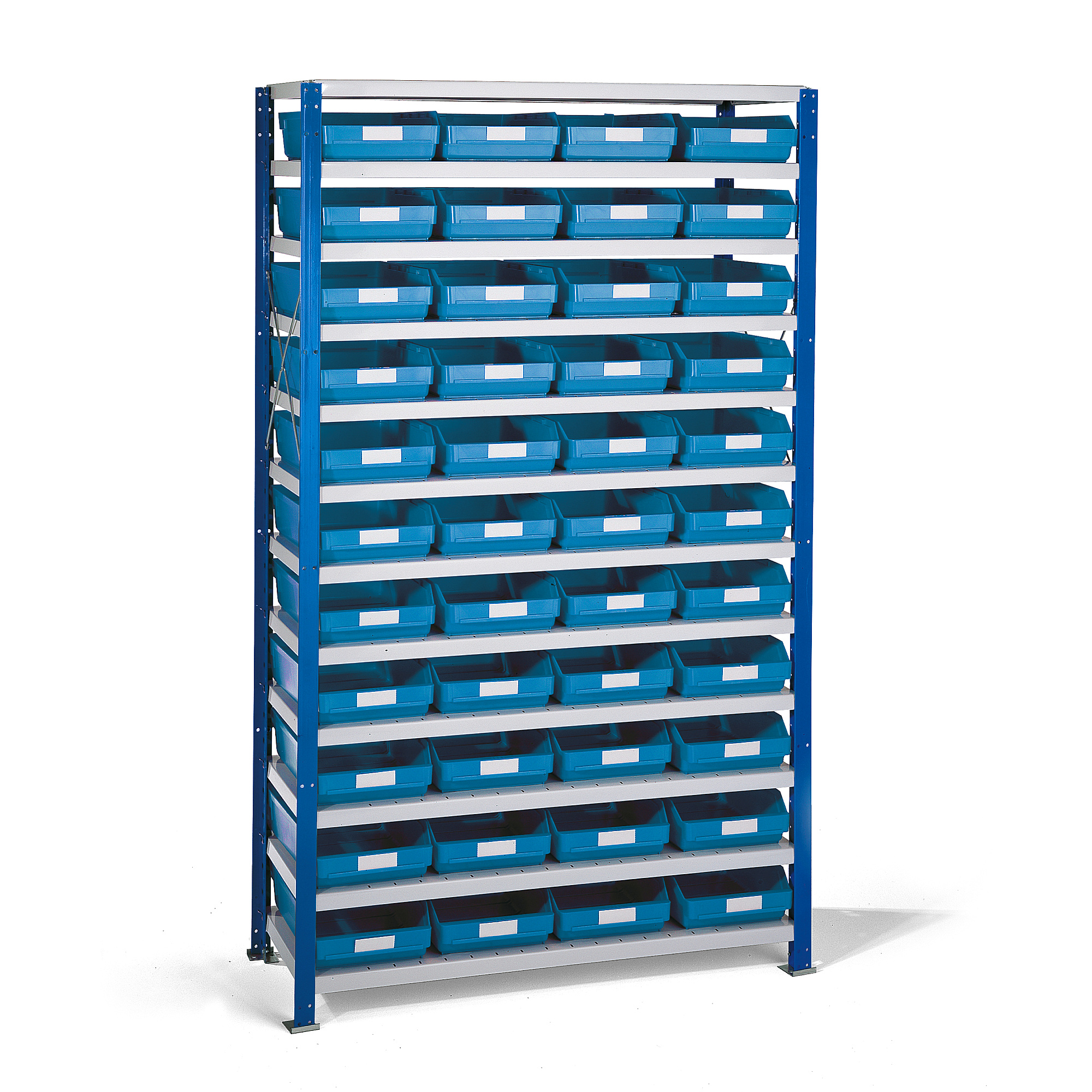 Regál s plastovými boxy REACH + MIX, 1740x1000x400 mm, 44 modrých boxů