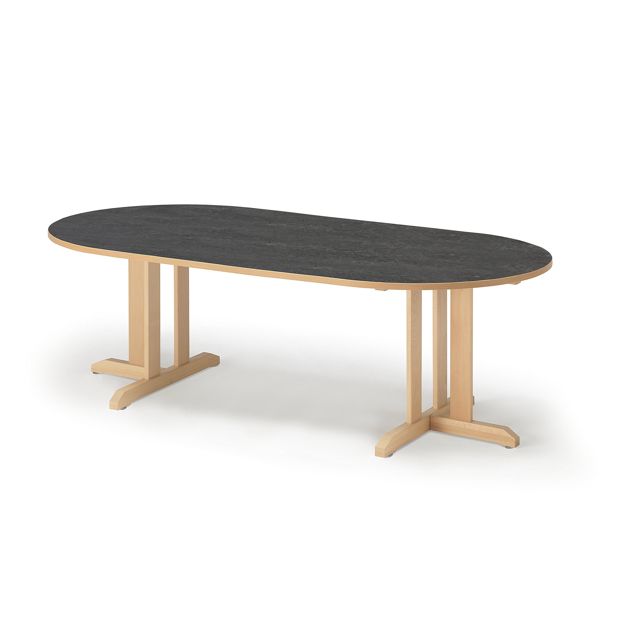 Stůl KUPOL, 2000x1000x600 mm, oválný, akustické linoleum, bříza/tmavě šedá
