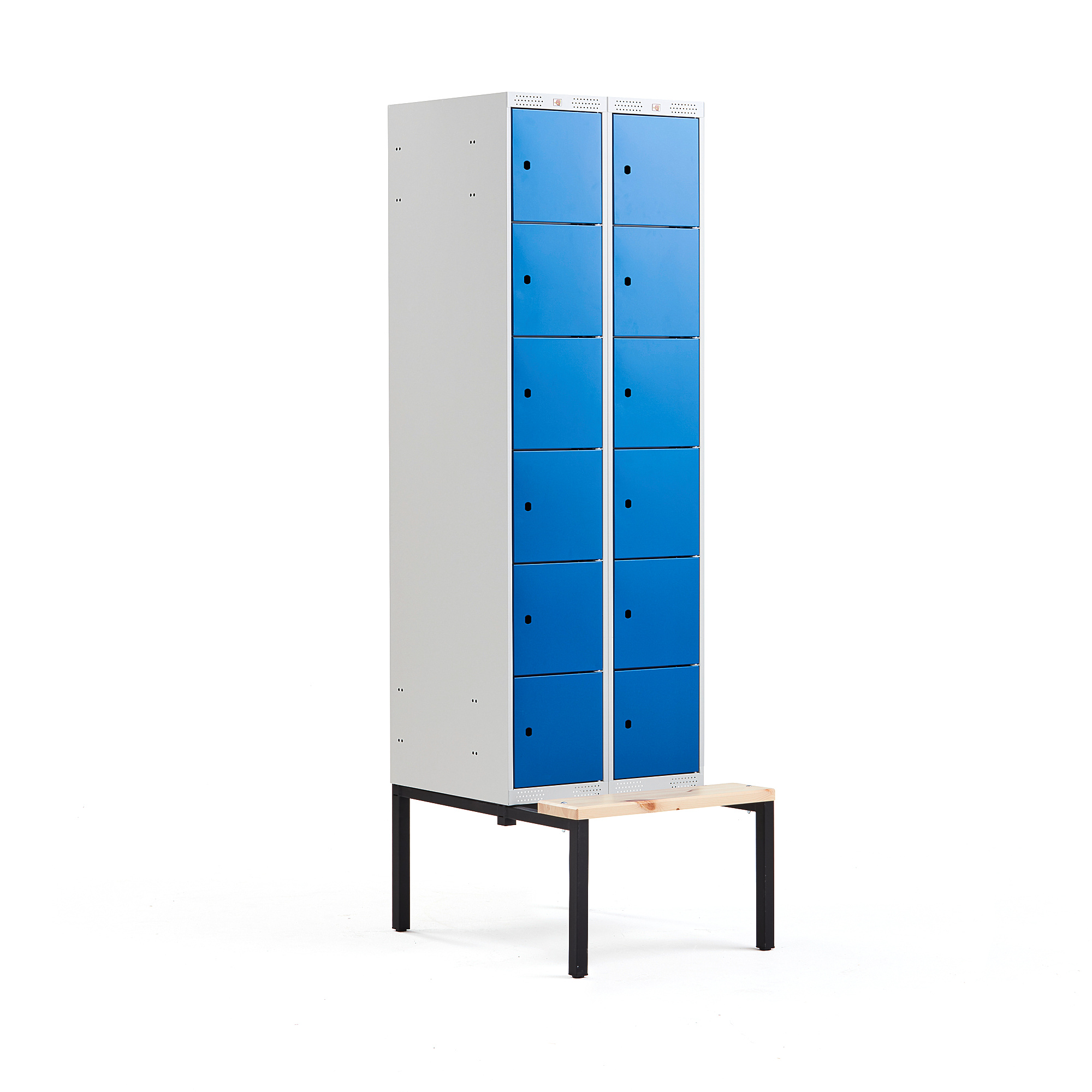 Boxová šatní skříň CLASSIC, s lavicí, 2 sekce, 12 boxů, 2120x600x550 mm, modré dveře