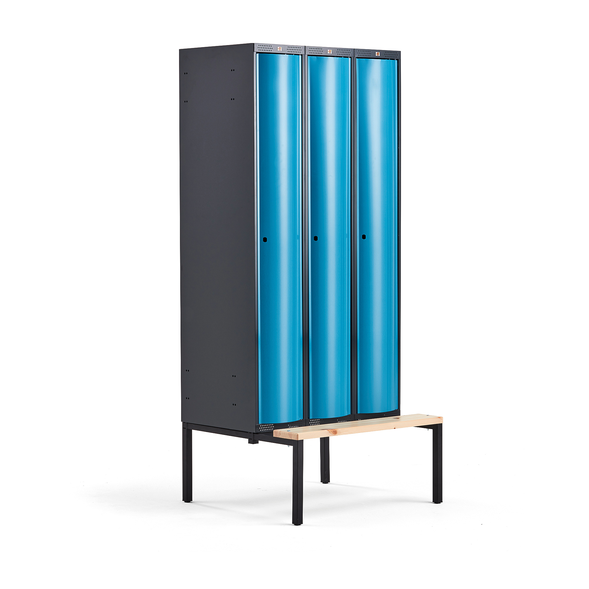 Šatní skříňka CURVE, 3 sekce, 2120x900x550 mm, lavice, modré dveře