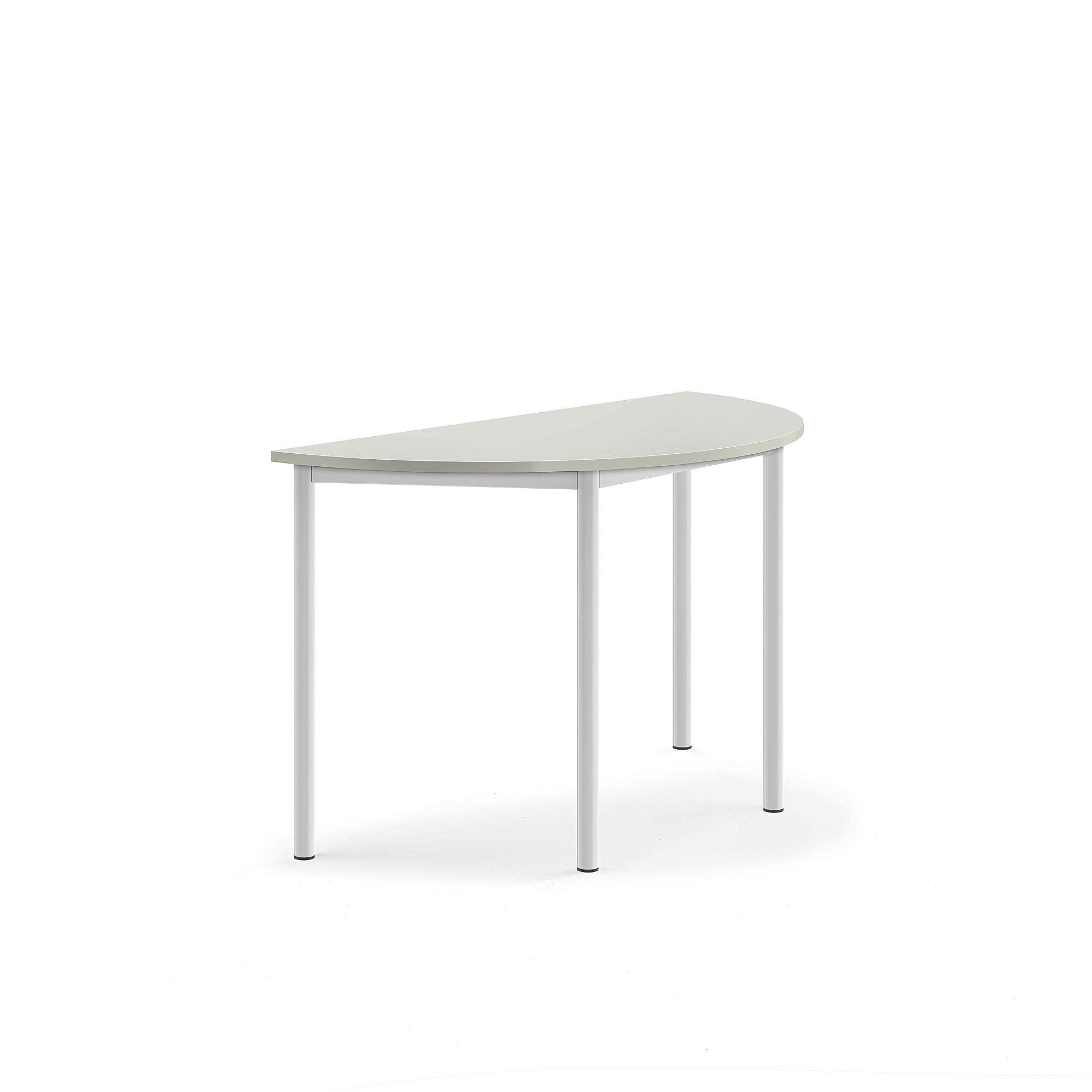 Stůl SONITUS, půlkruh, 1200x600x720 mm, bílé nohy, HPL deska tlumící hluk, šedá