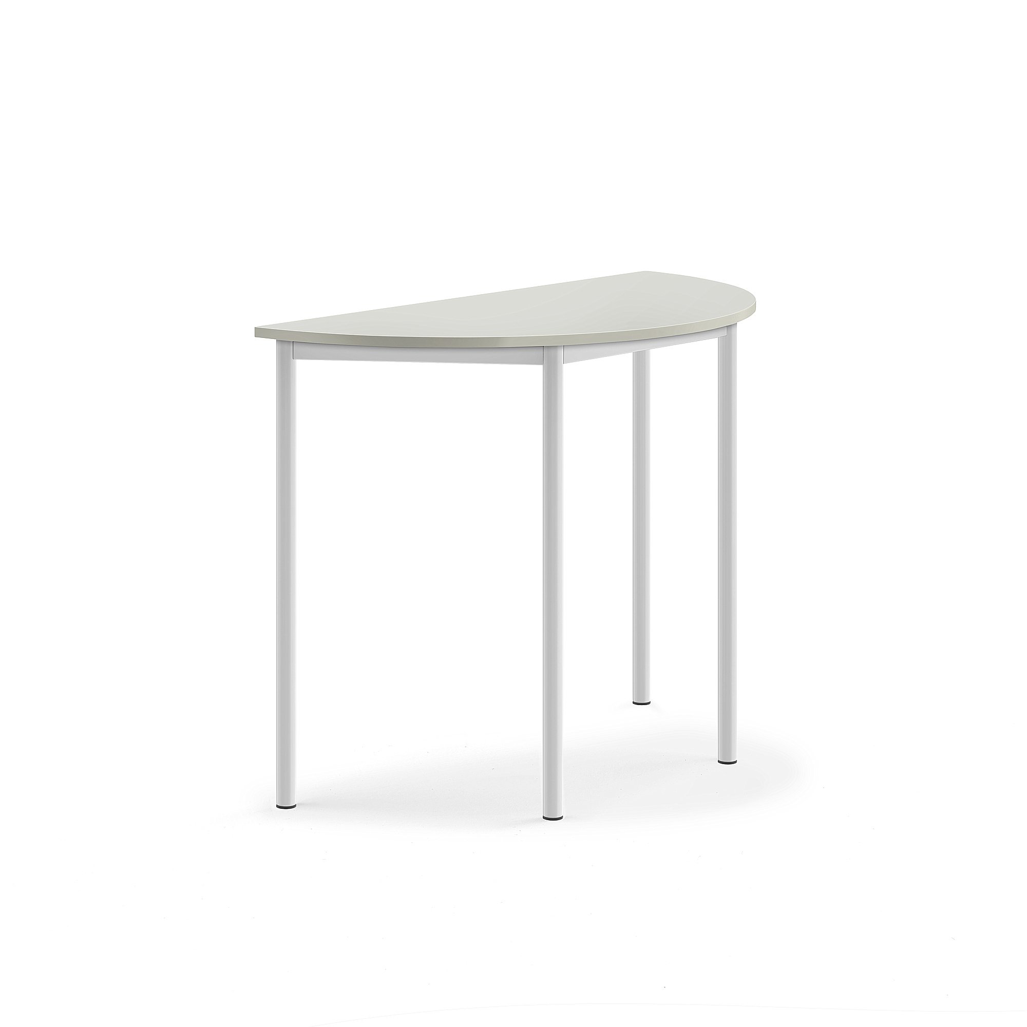Stůl SONITUS, půlkruh, 1200x600x900 mm, bílé nohy, HPL deska tlumící hluk, šedá