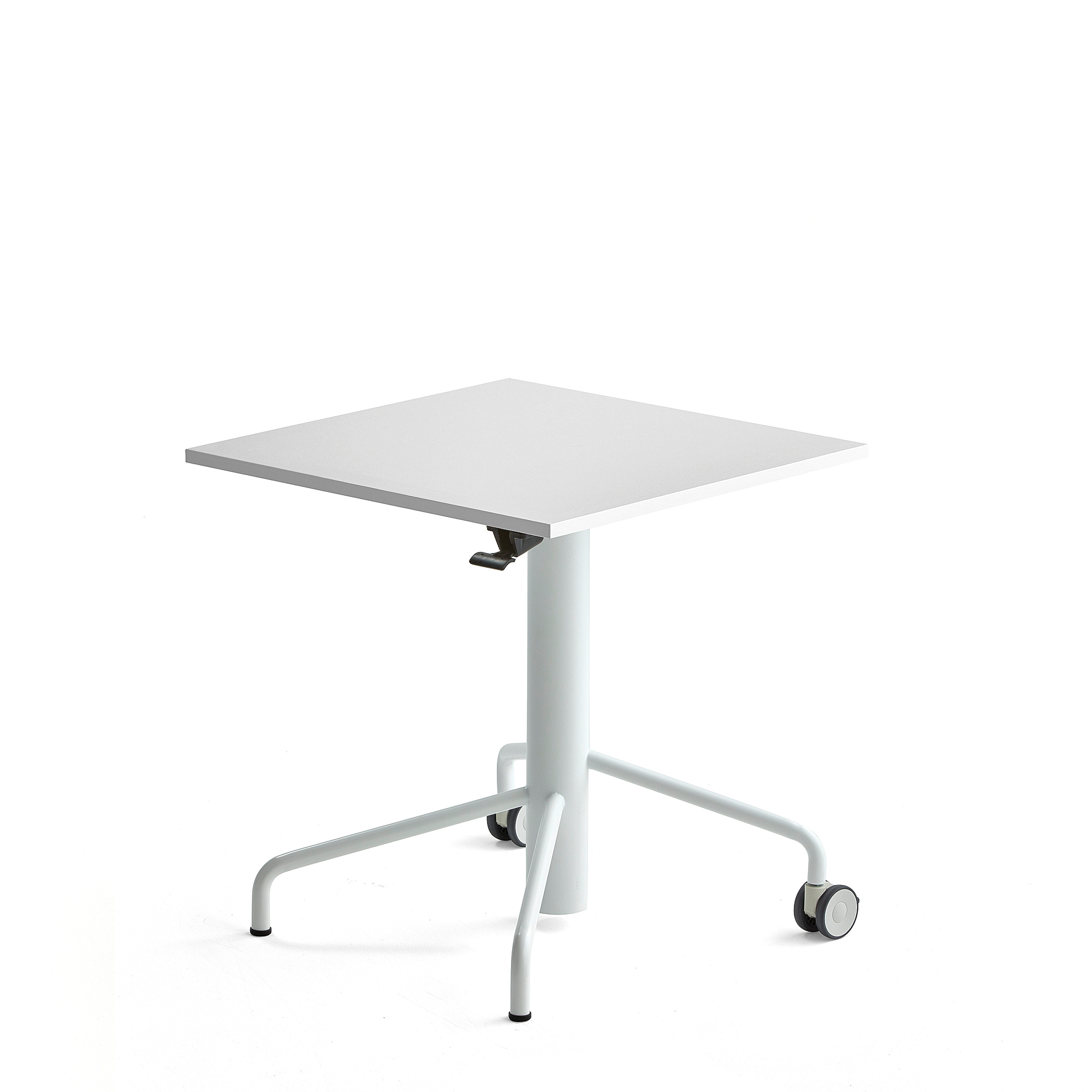 Výškově nastavitelný stůl ARISE, 650x650 mm, bílá podnož, lamino, bílá