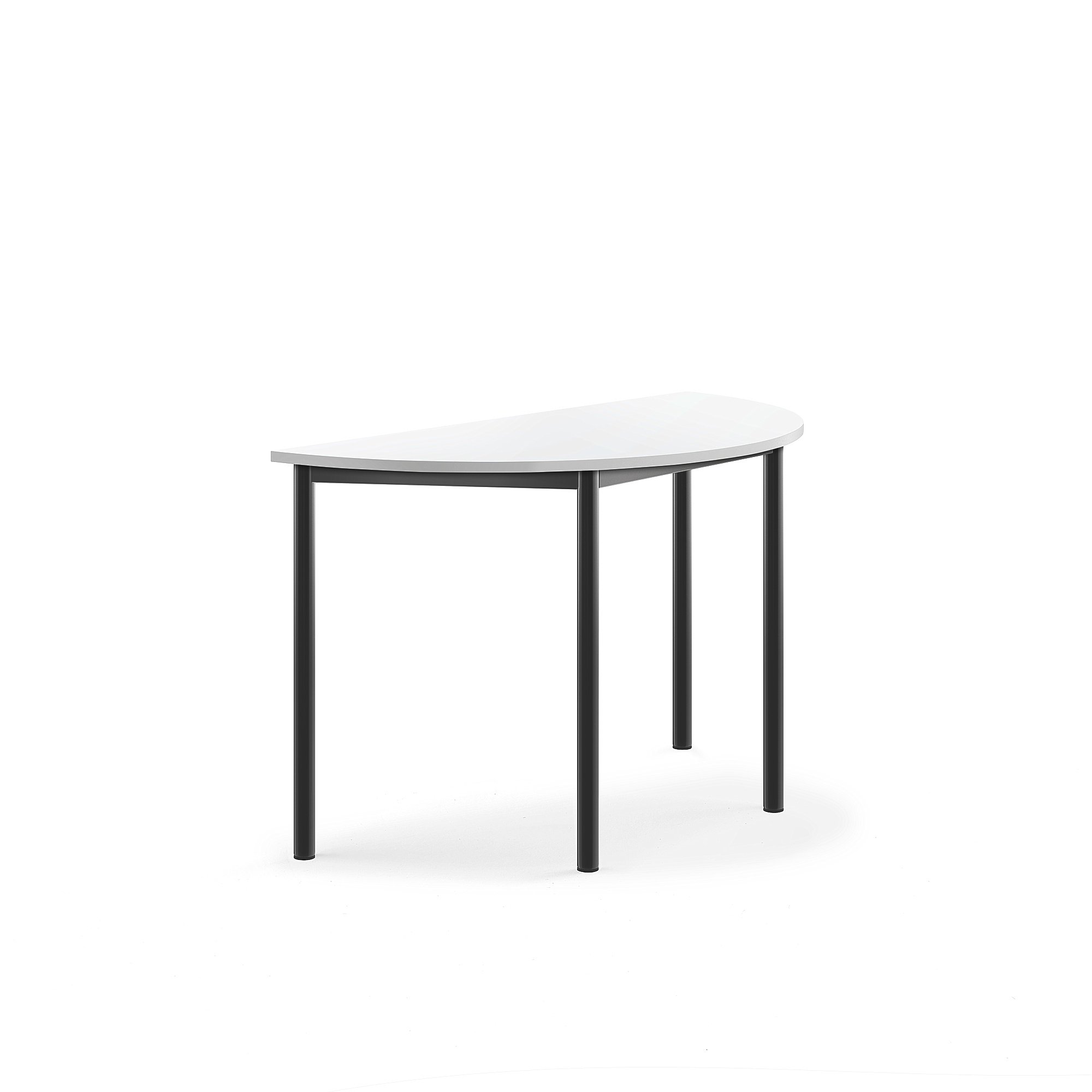 Stůl SONITUS, půlkruh, 1200x600x720 mm, antracitově šedé nohy, HPL deska tlumící hluk, bílá