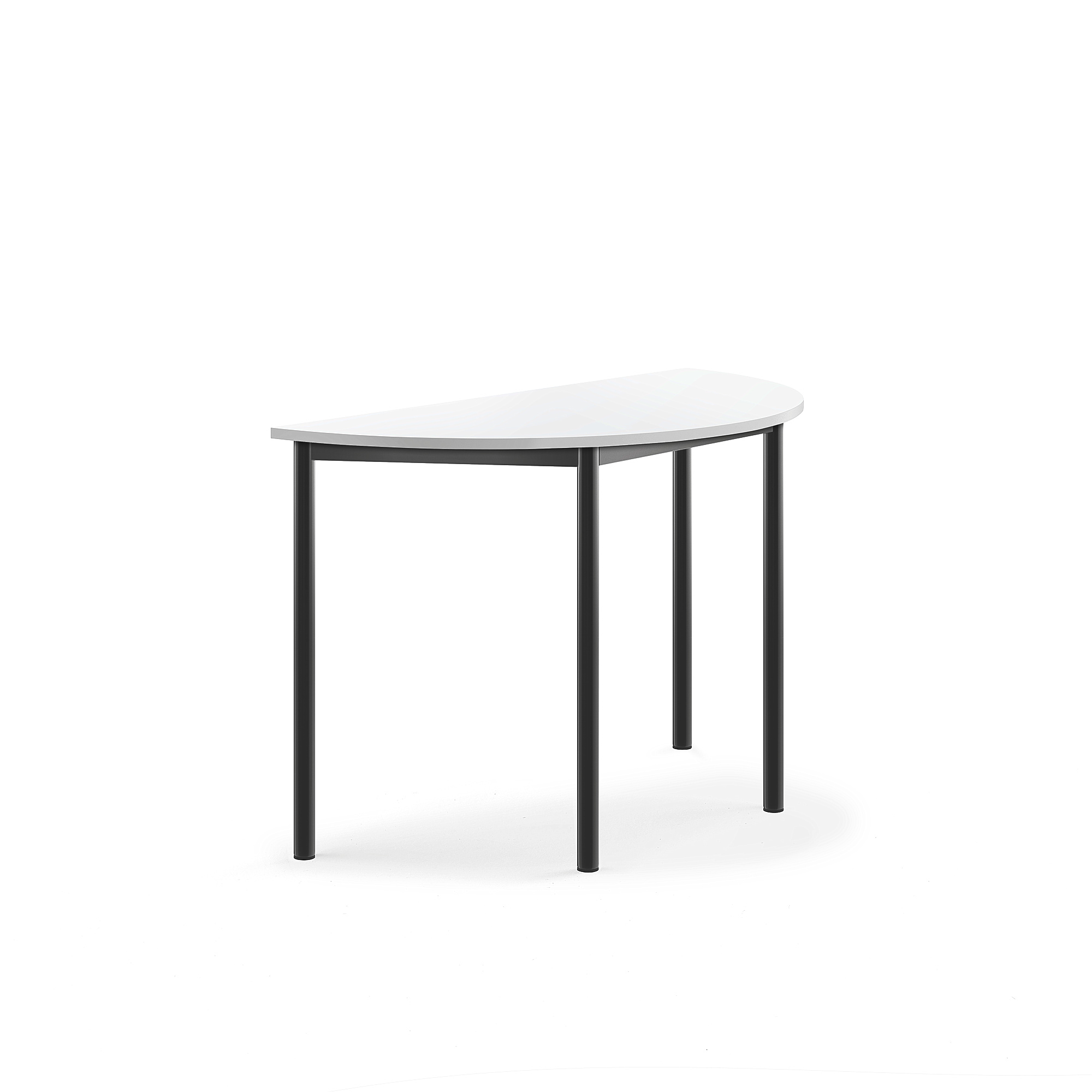 Stůl SONITUS, půlkruh, 1200x600x760 mm, antracitově šedé nohy, HPL deska tlumící hluk, bílá