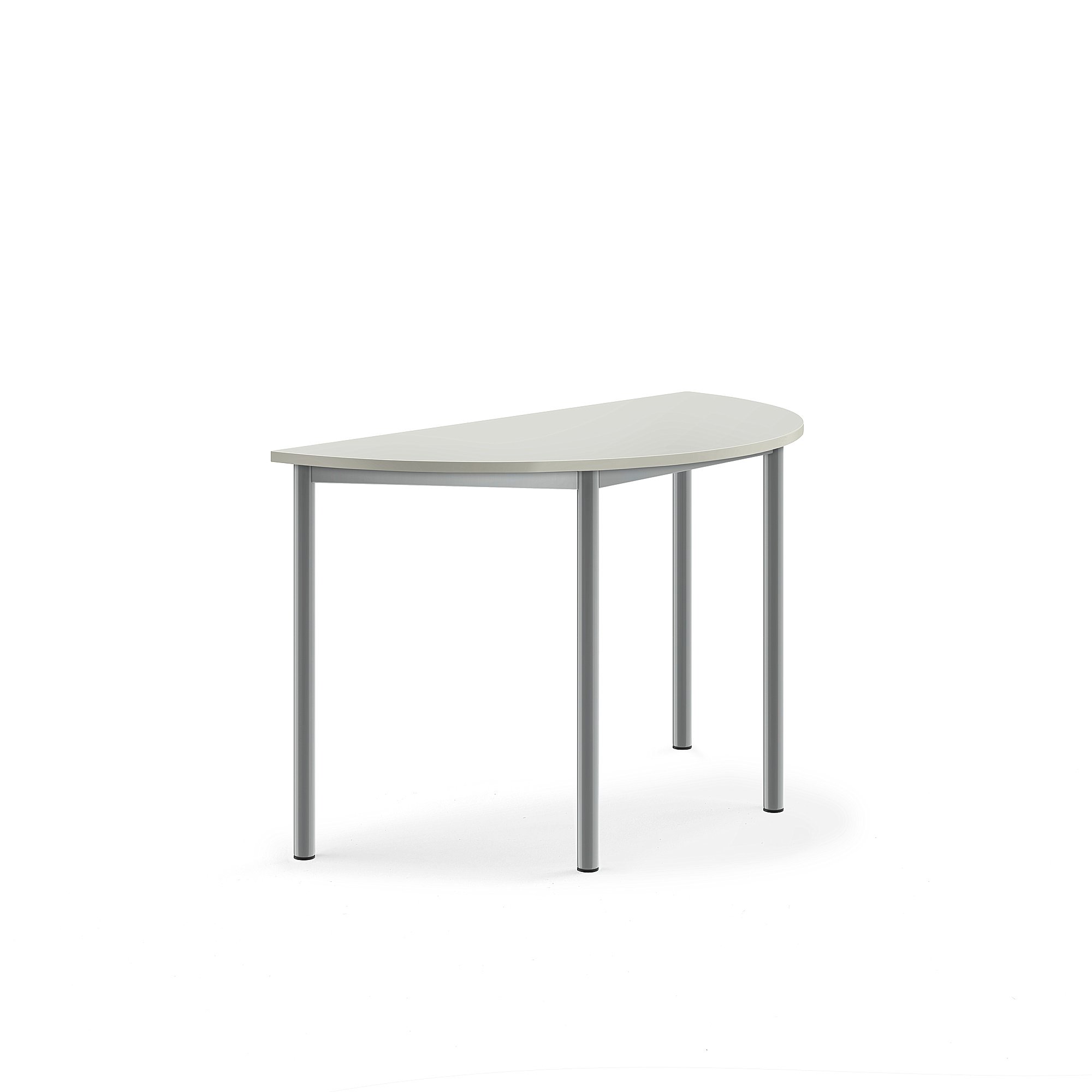 Stůl SONITUS, půlkruh, 1200x600x720 mm, stříbrné nohy, HPL deska tlumící hluk, šedá