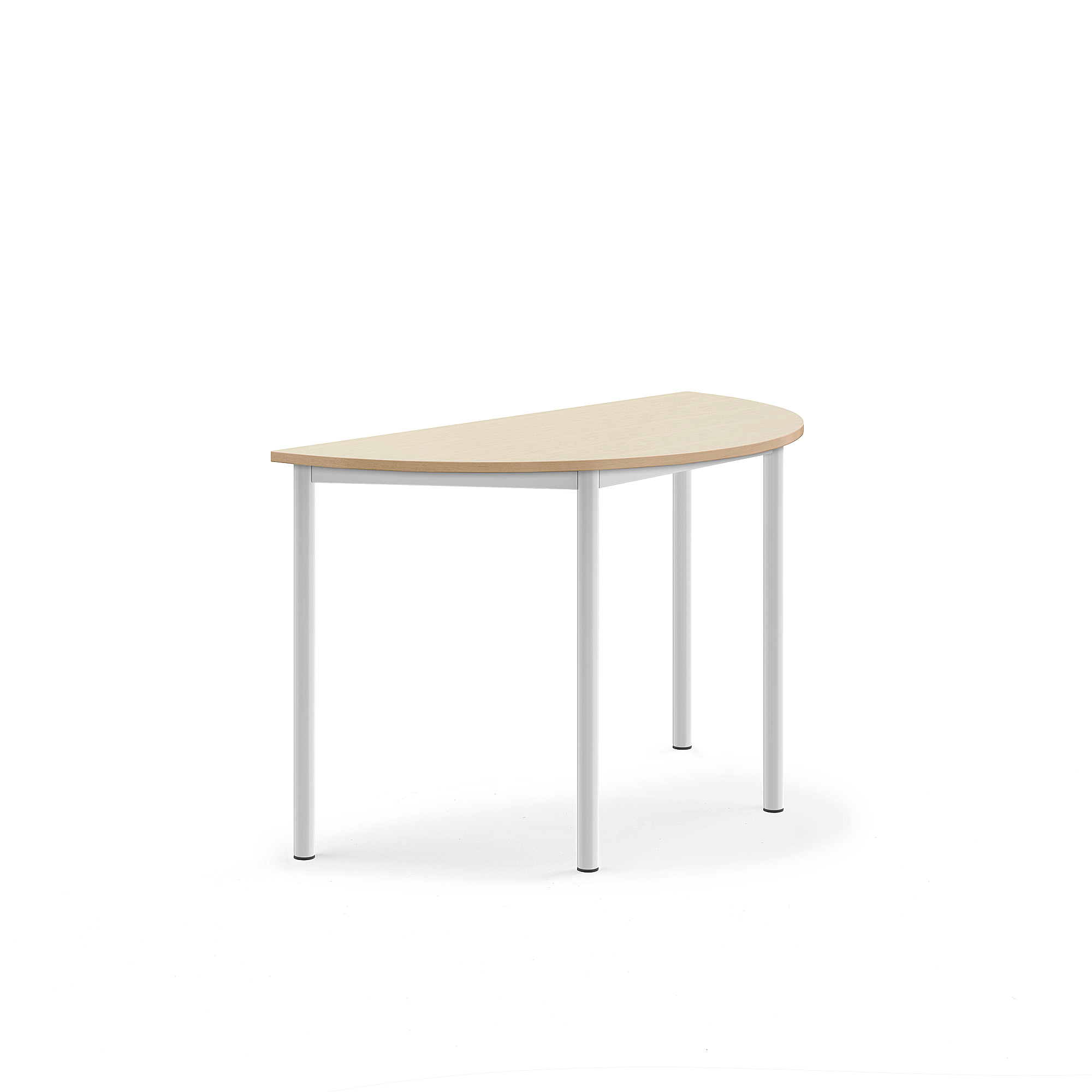 Stůl SONITUS, půlkruh, 1200x600x720 mm, bílé nohy, HPL deska tlumící hluk, bříza