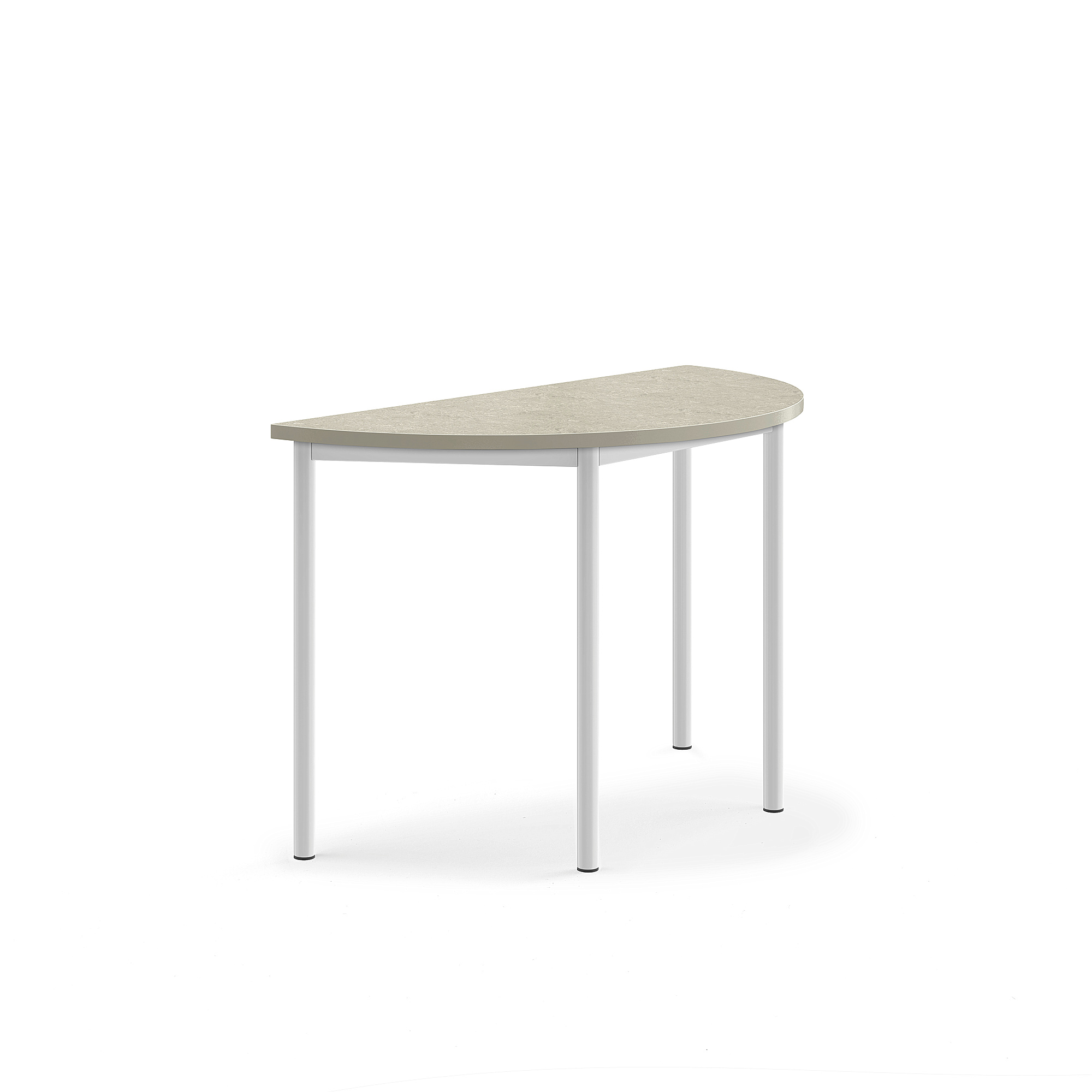 Stůl SONITUS, půlkruh, 1200x600x760 mm, bílé nohy, deska s linoleem, šedá