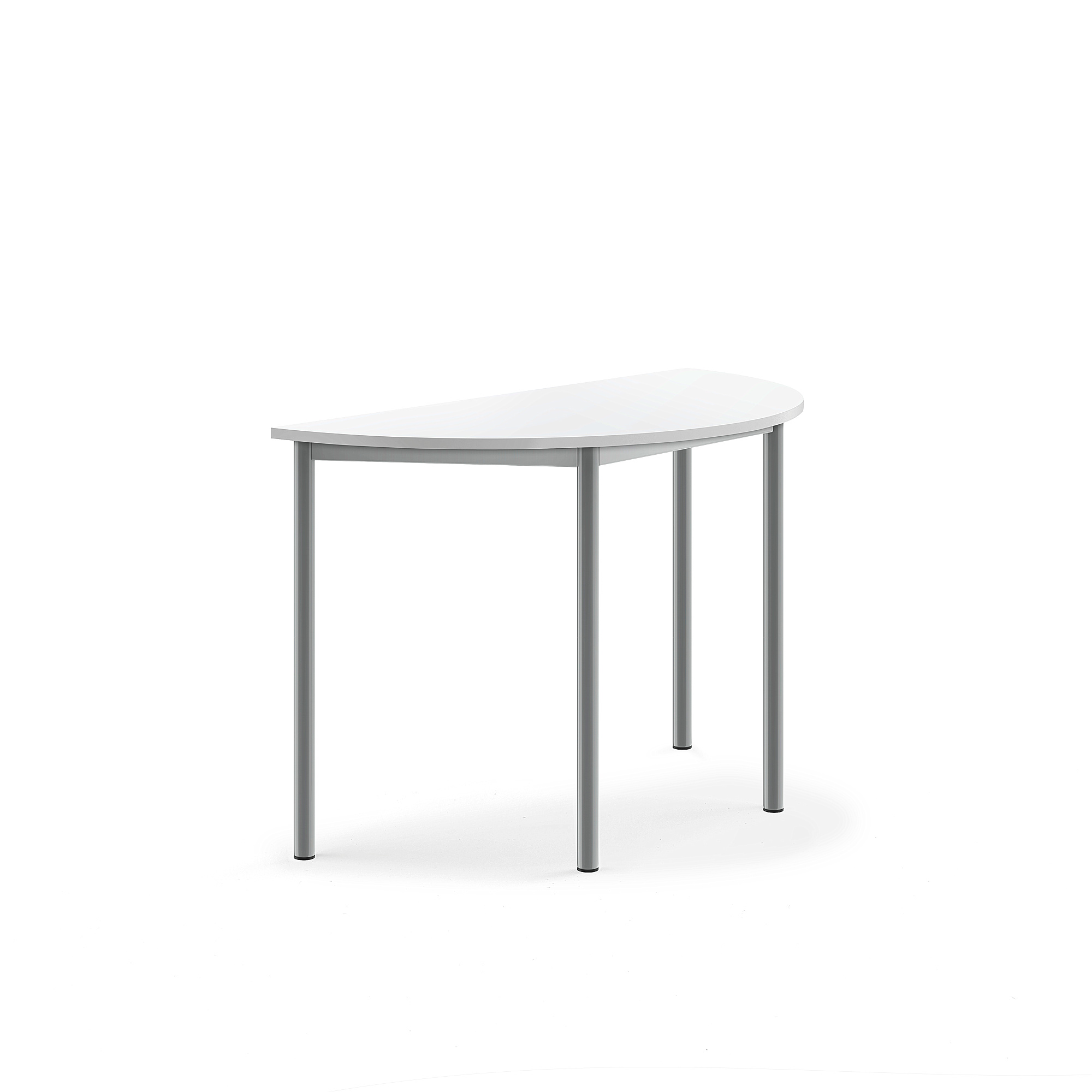Stůl SONITUS, půlkruh, 1200x600x760 mm, stříbrné nohy, HPL deska tlumící hluk, bílá