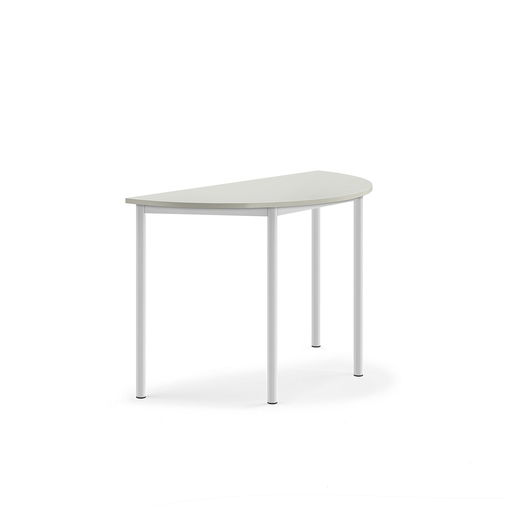 Stůl SONITUS, půlkruh, 1200x600x760 mm, bílé nohy, HPL deska tlumící hluk, šedá