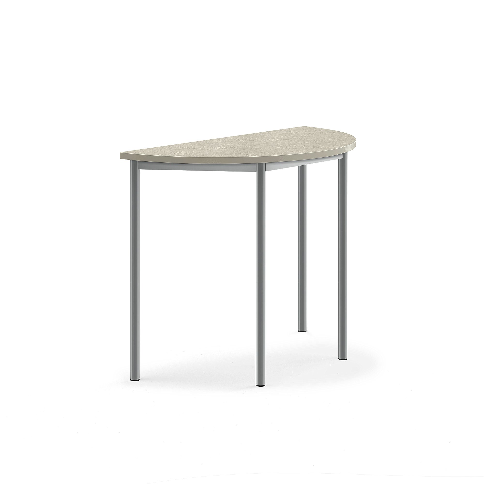 Stůl SONITUS, půlkruh, 1200x600x900 mm, stříbrné nohy, deska s linoleem, šedá