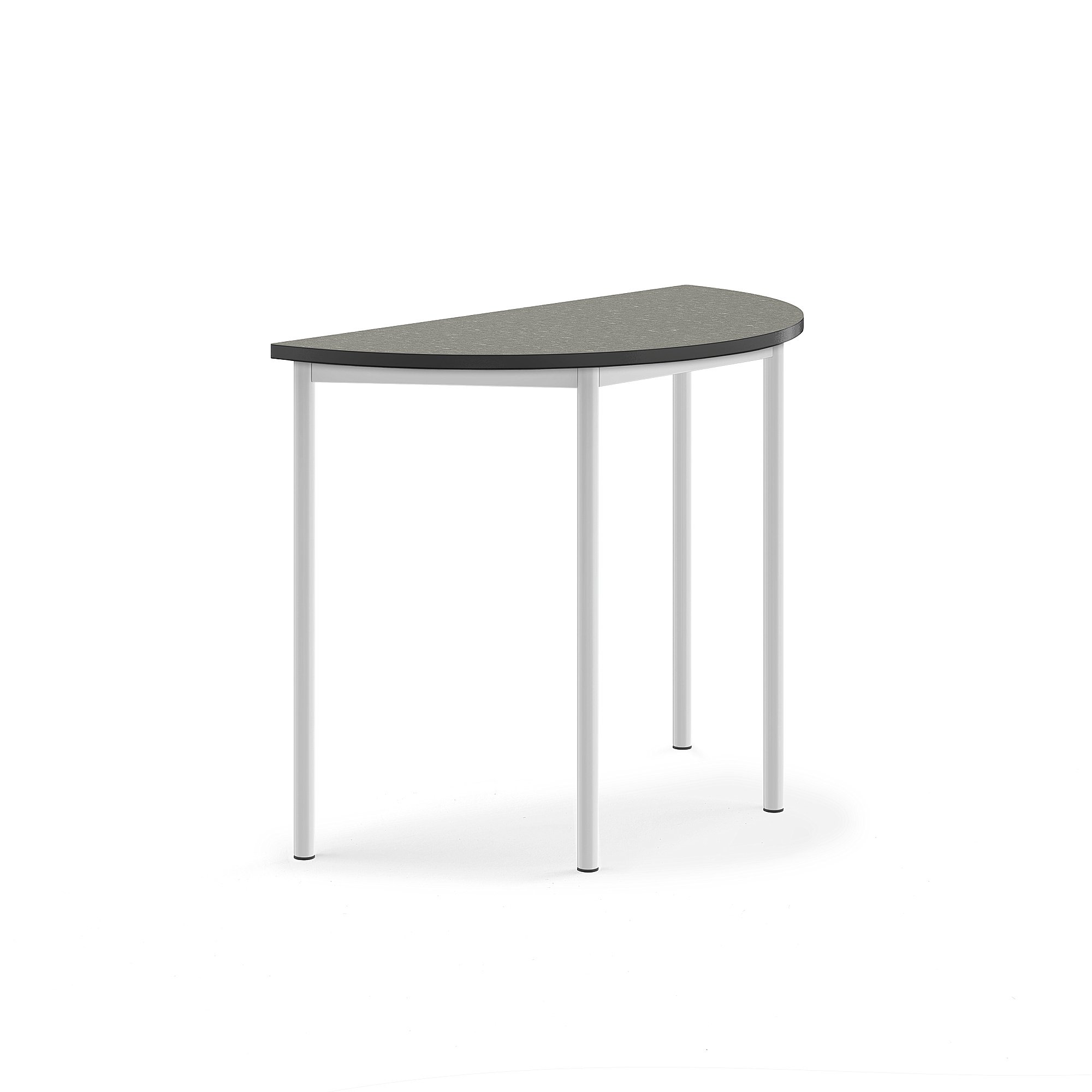 Stůl SONITUS, půlkruh, 1200x600x900 mm, bílé nohy, deska s linoleem, tmavě šedá