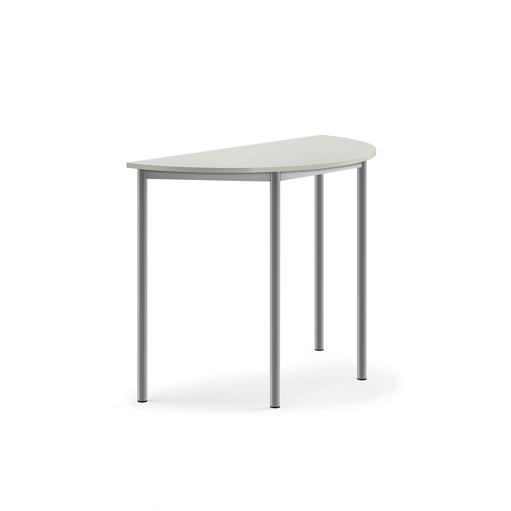 Stůl SONITUS, půlkruh, 1200x600x900 mm, stříbrné nohy, HPL deska tlumící hluk, šedá