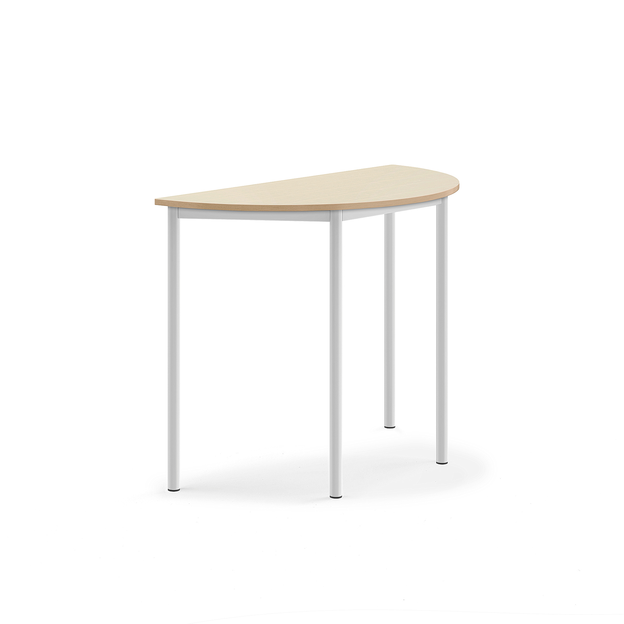 Stůl SONITUS, půlkruh, 1200x600x900 mm, bílé nohy, HPL deska tlumící hluk, bříza