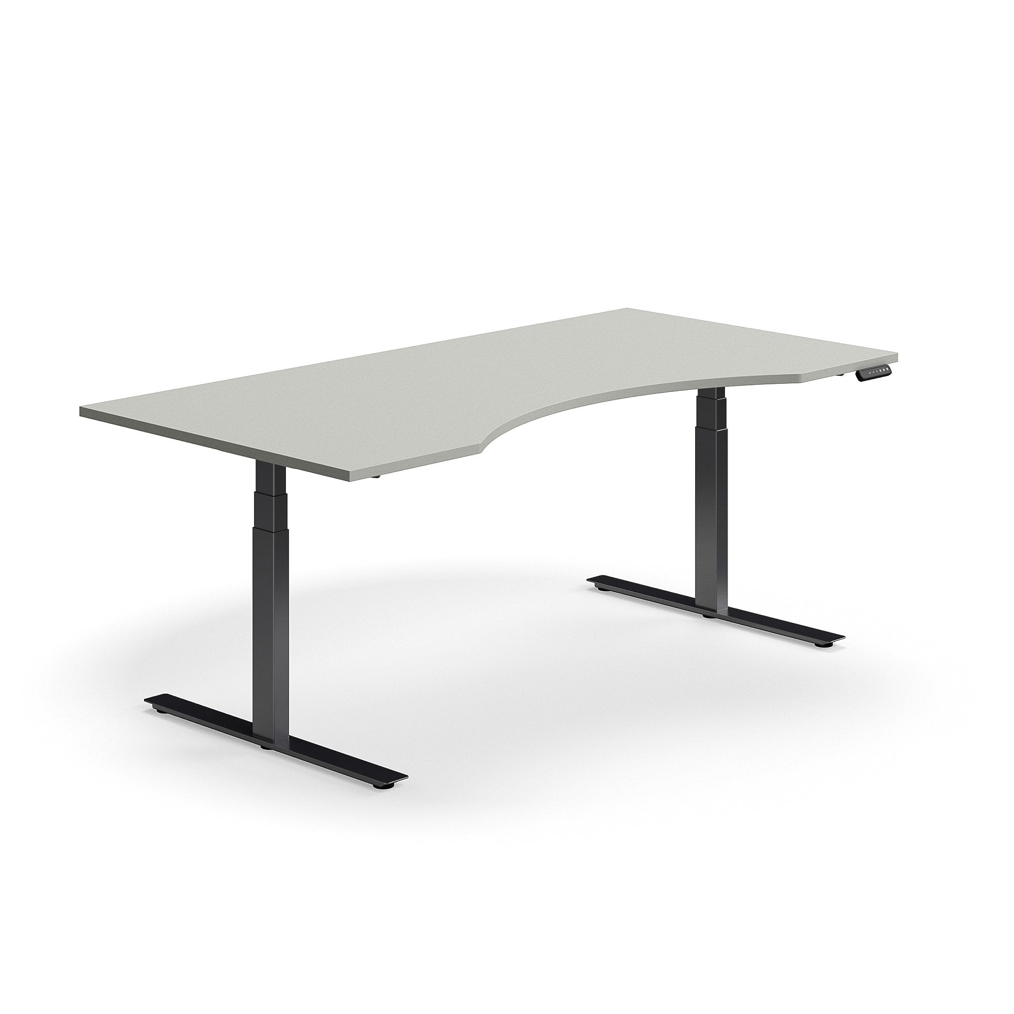 Výškově nastavitelný stůl QBUS, vykrojený, 2000x1000 mm, černá podnož, světle šedá