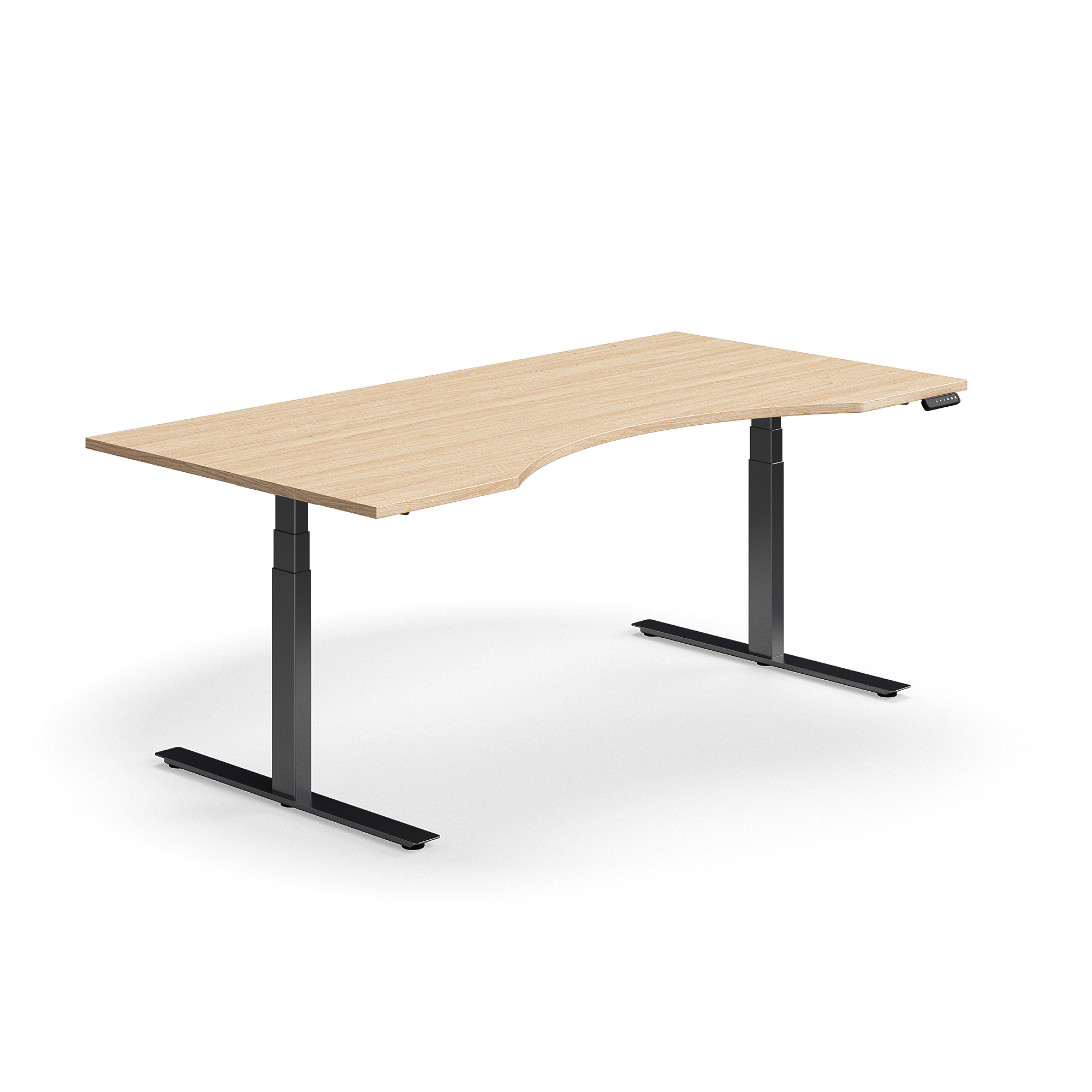 Výškově nastavitelný stůl QBUS, vykrojený, 2000x1000 mm, černá podnož, dub