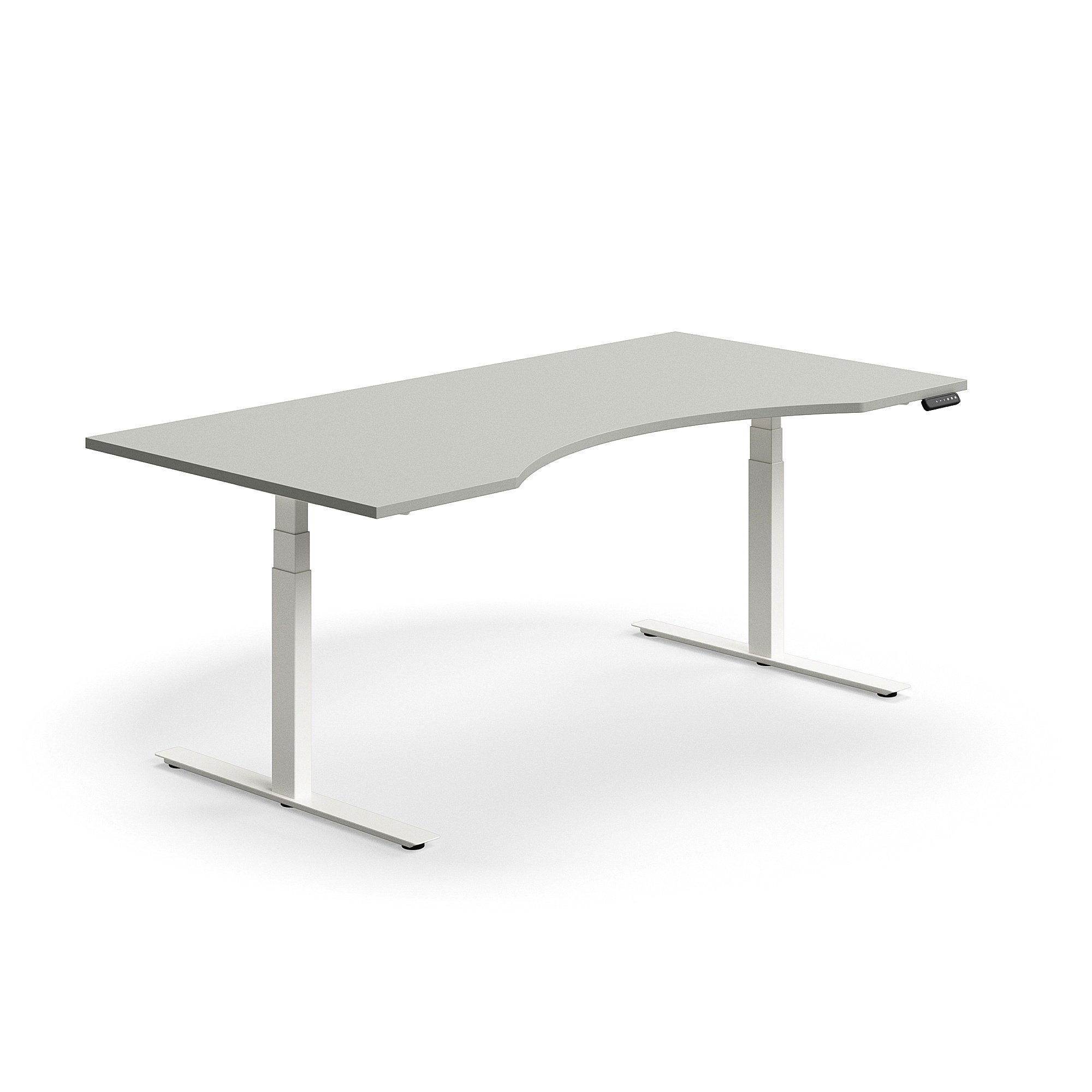 Výškově nastavitelný stůl QBUS, vykrojený, 2000x1000 mm, bílá podnož, světle šedá