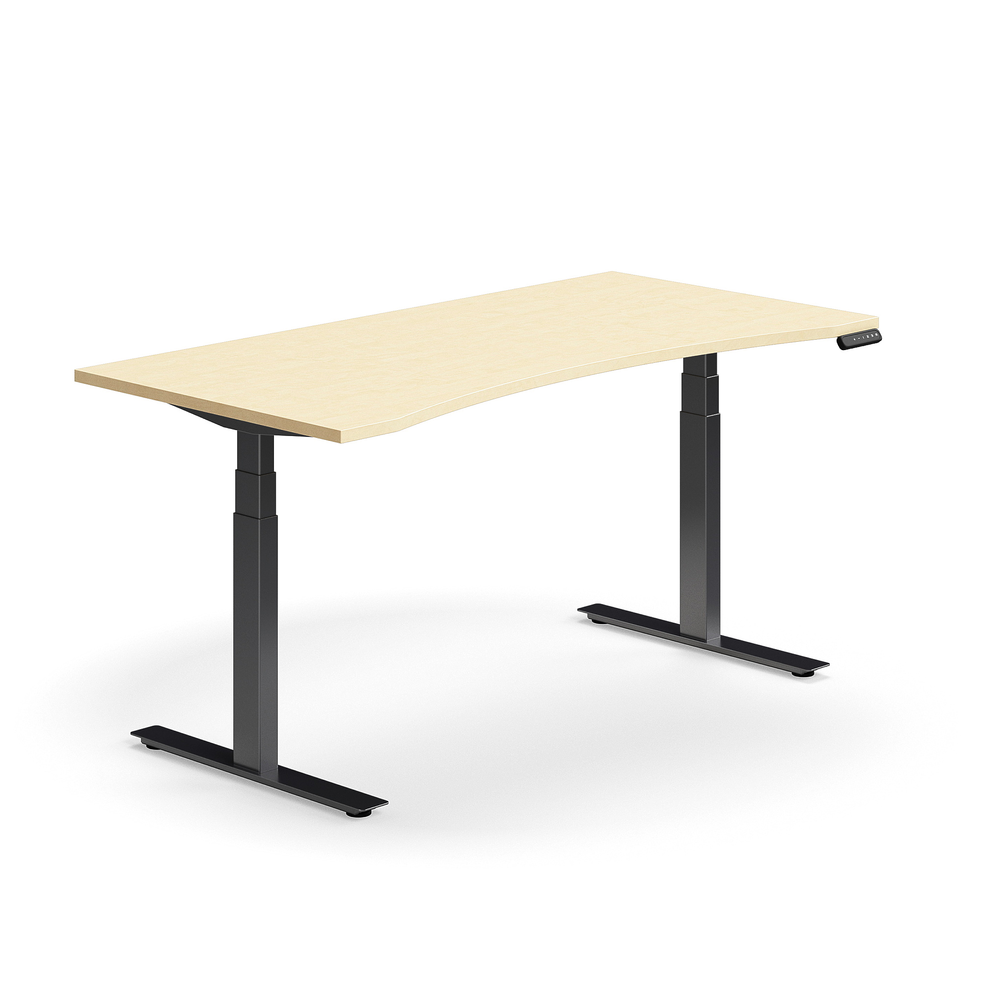 Výškově nastavitelný stůl QBUS, vykrojený, 1600x800 mm, černá podnož, bříza