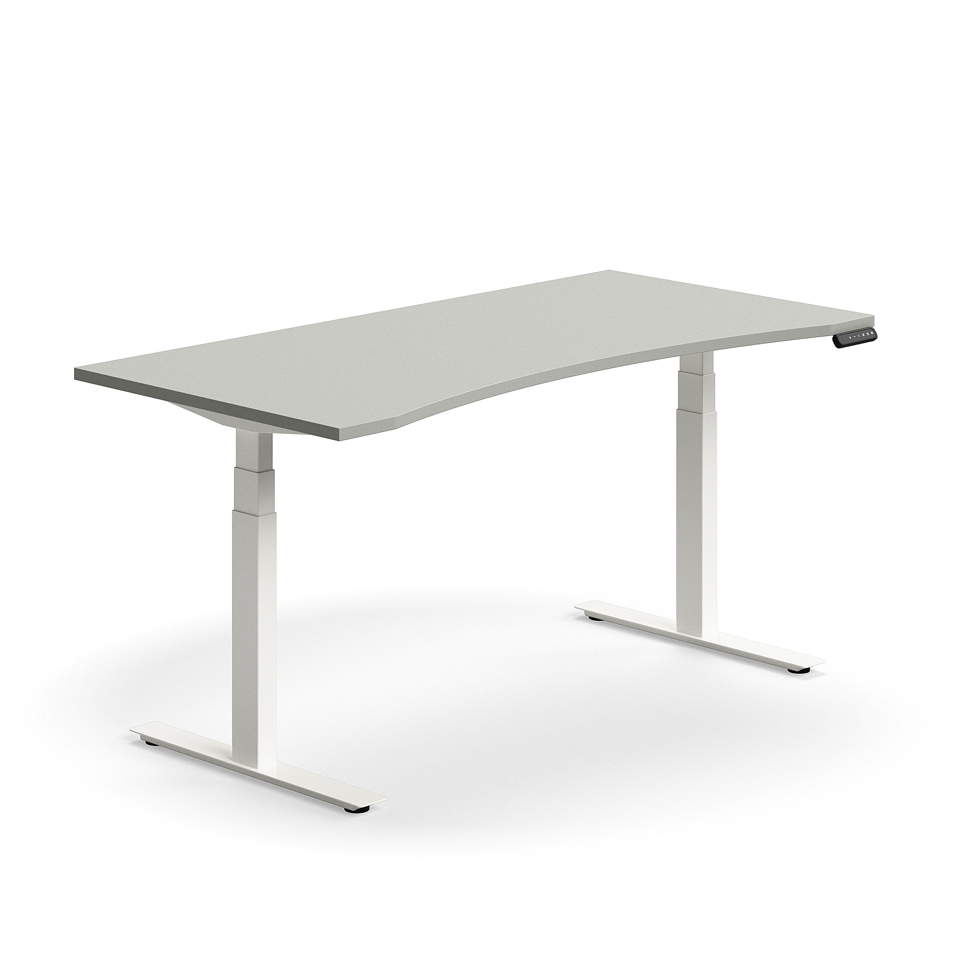 Výškově nastavitelný stůl QBUS, vykrojený, 1600x800 mm, bílá podnož, světle šedá