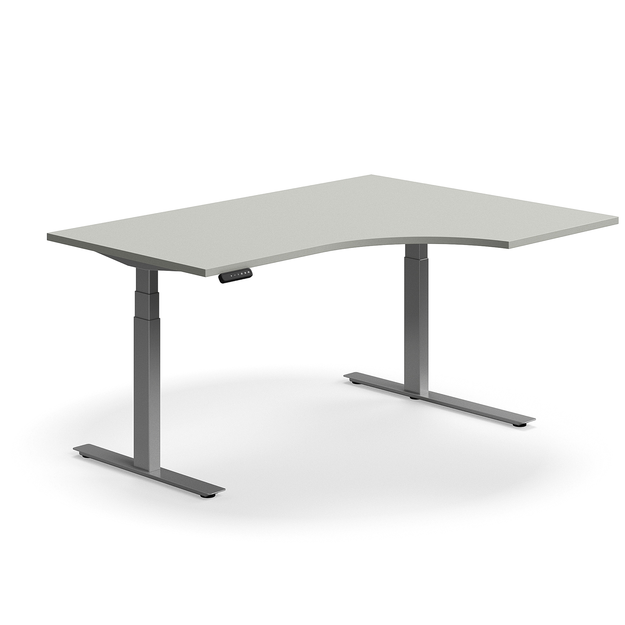 Výškově nastavitelný stůl QBUS, rohový, 1600x1200 mm, stříbrná podnož, světle šedá