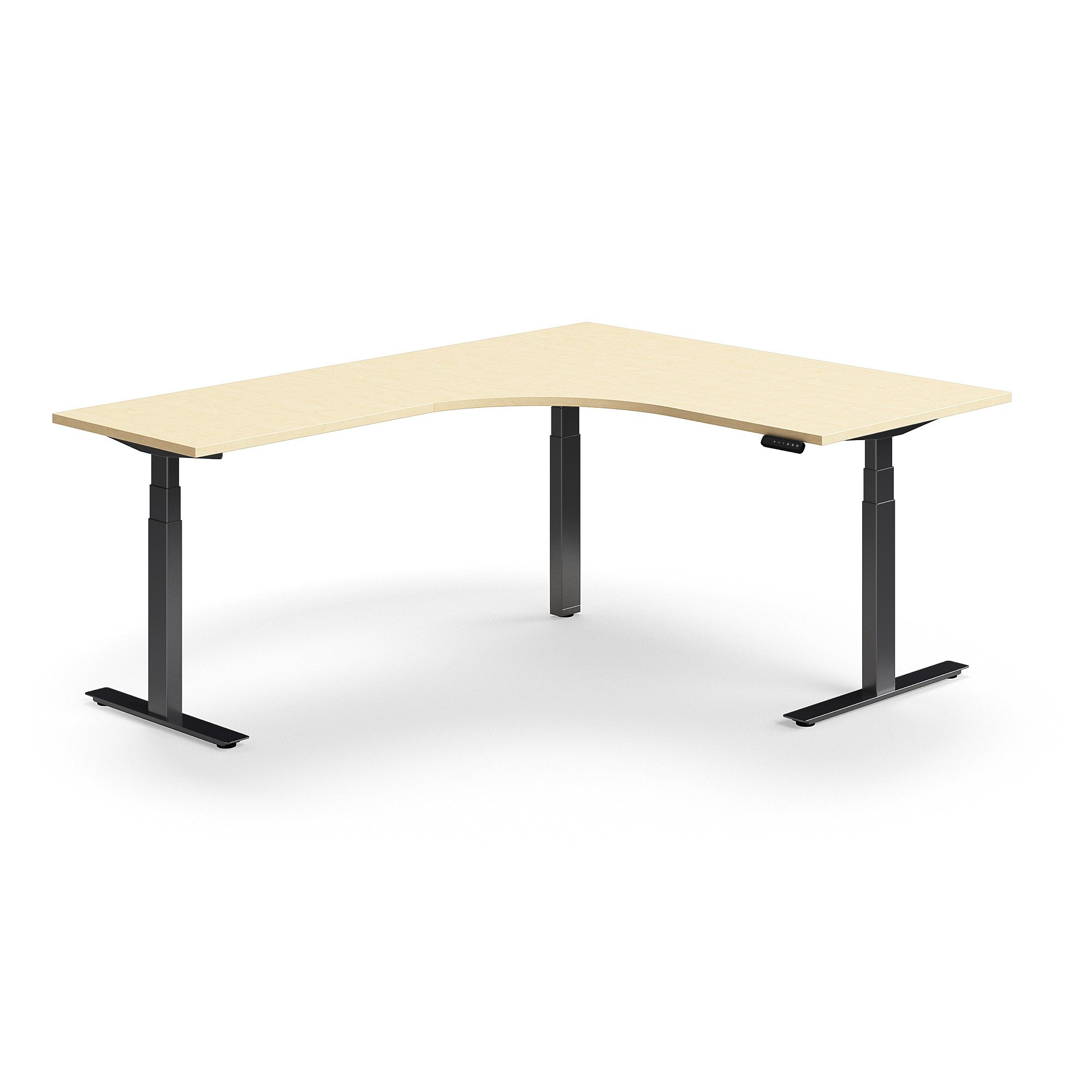 Výškově nastavitelný stůl QBUS, rohový, 1600x2000 mm, černá podnož, bříza