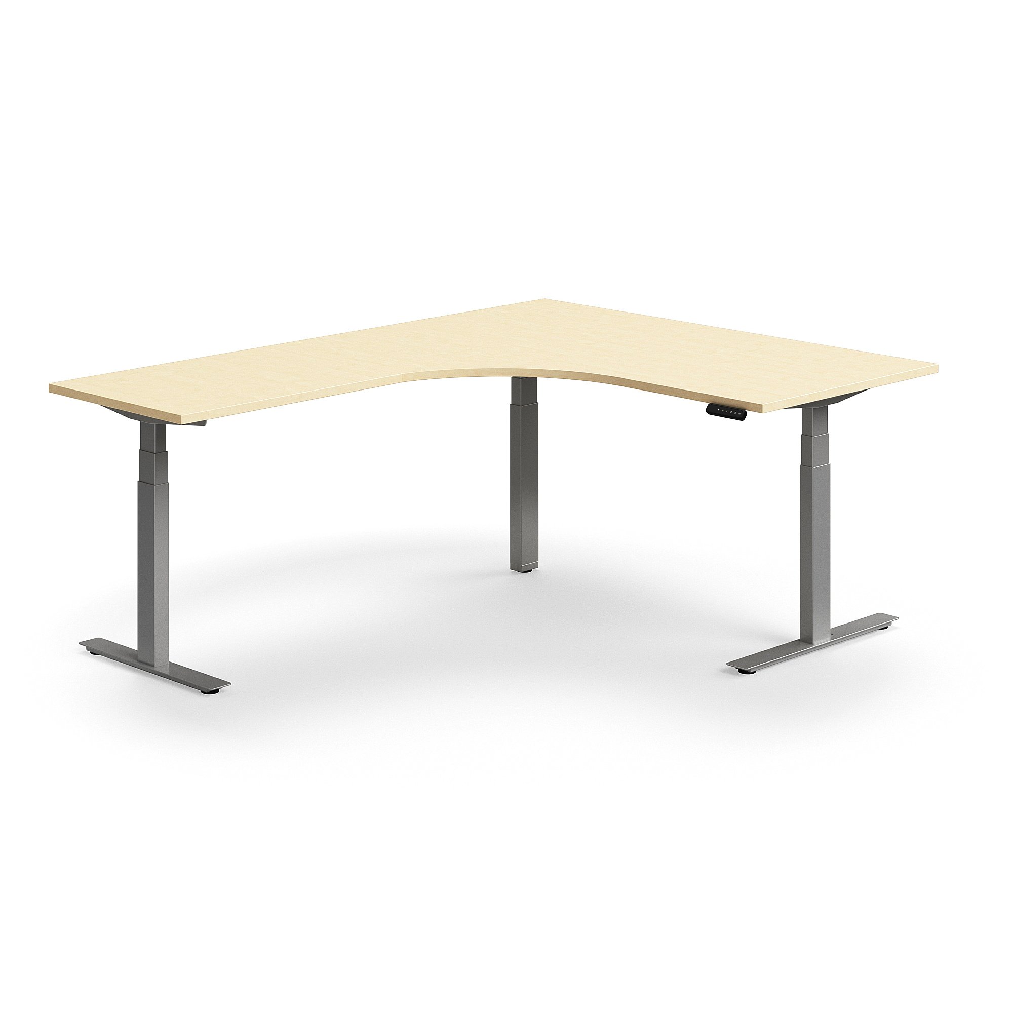 Výškově nastavitelný stůl QBUS, rohový, 1600x2000 mm, stříbrná podnož, bříza