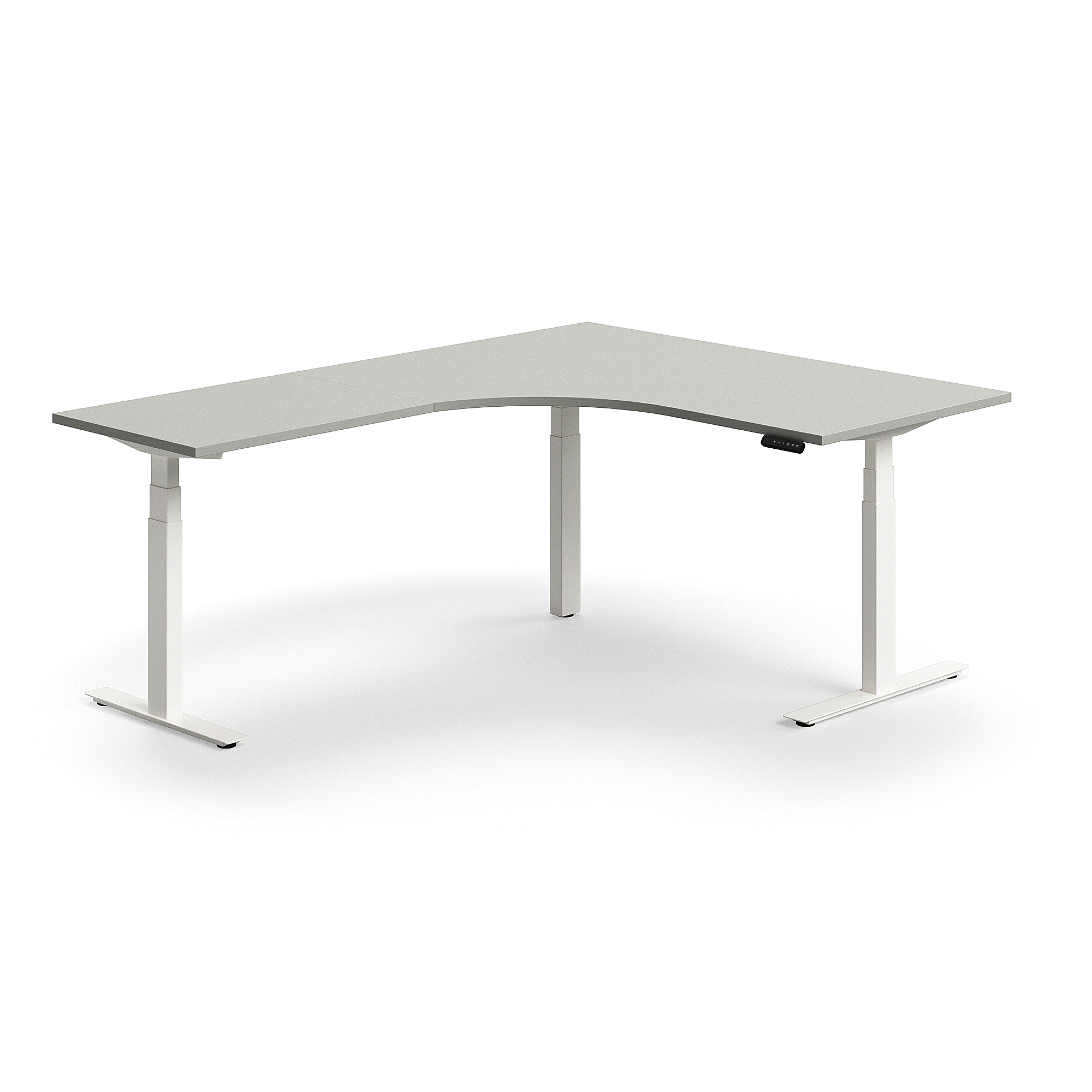Výškově nastavitelný stůl QBUS, rohový, 1600x2000 mm, bílá podnož, světle šedá