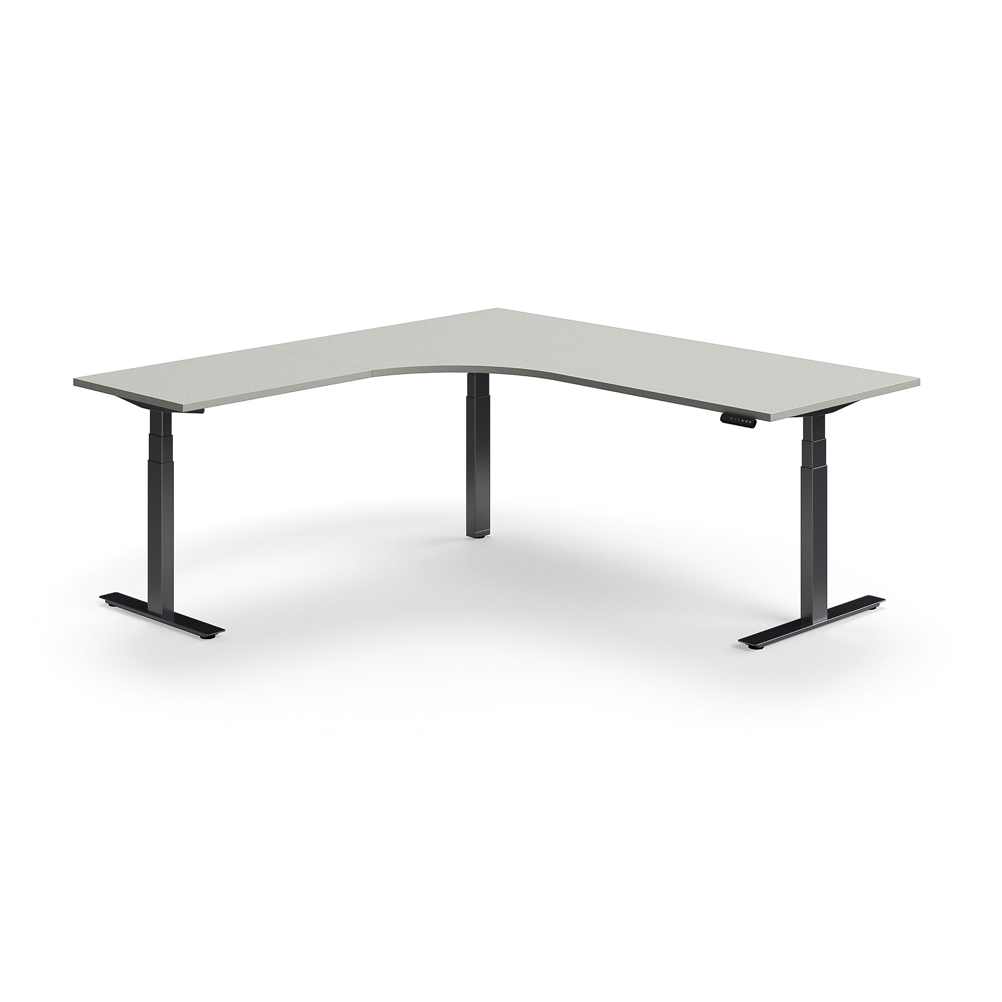Výškově nastavitelný stůl QBUS, rohový, 2000x2000 mm, černá podnož, světle šedá