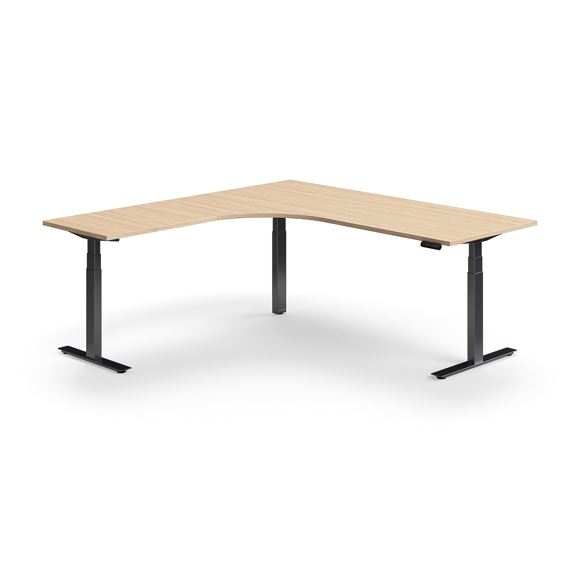 Výškově nastavitelný stůl QBUS, rohový, 2000x2000 mm, černá podnož, dub