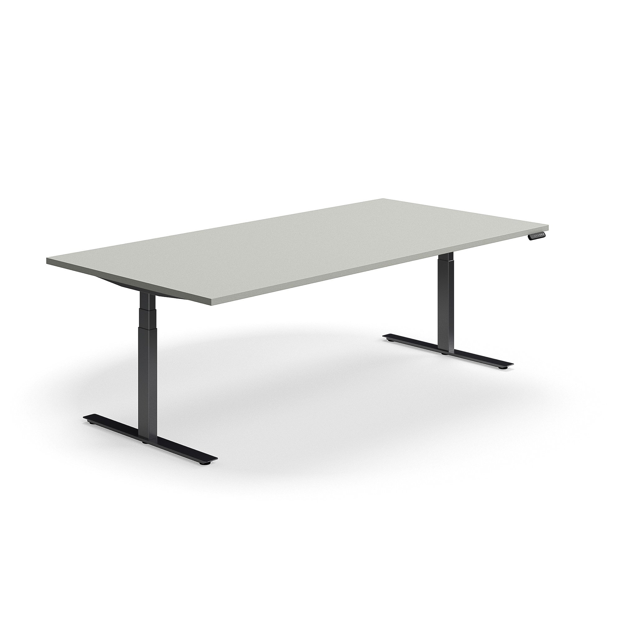 Jednací stůl QBUS, výškově nastavitelný, obdélníkový, 2400x1200 mm, černá podnož, světle šedá