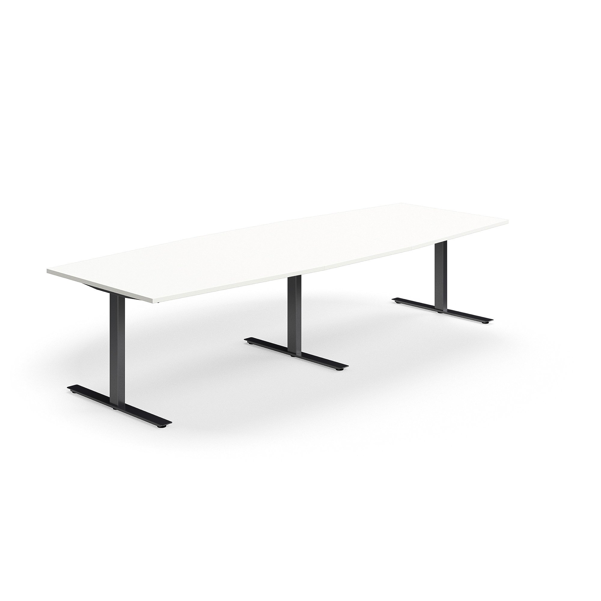 Jednací stůl QBUS, T-nohy, 3200x1200 mm, tvar člunu, černá podnož, bílá