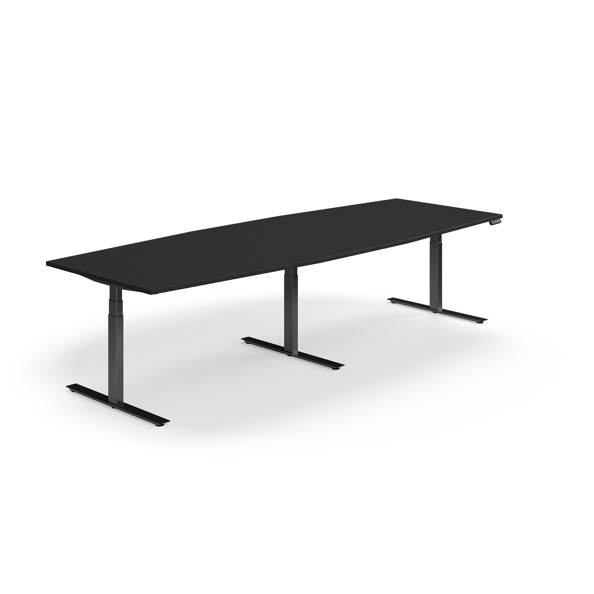 Jednací stůl QBUS, výškově nastavitelný, 3200x1200 mm, tvar člunu, černá podnož, černá