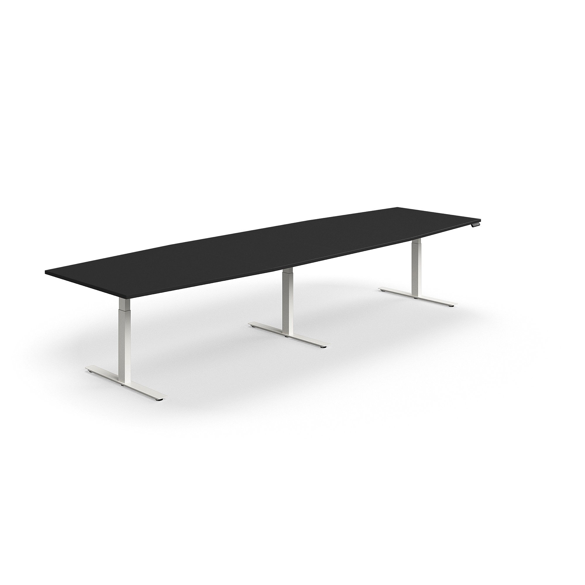 Jednací stůl QBUS, výškově nastavitelný, 4000x1200 mm, tvar člunu, bílá podnož, černá