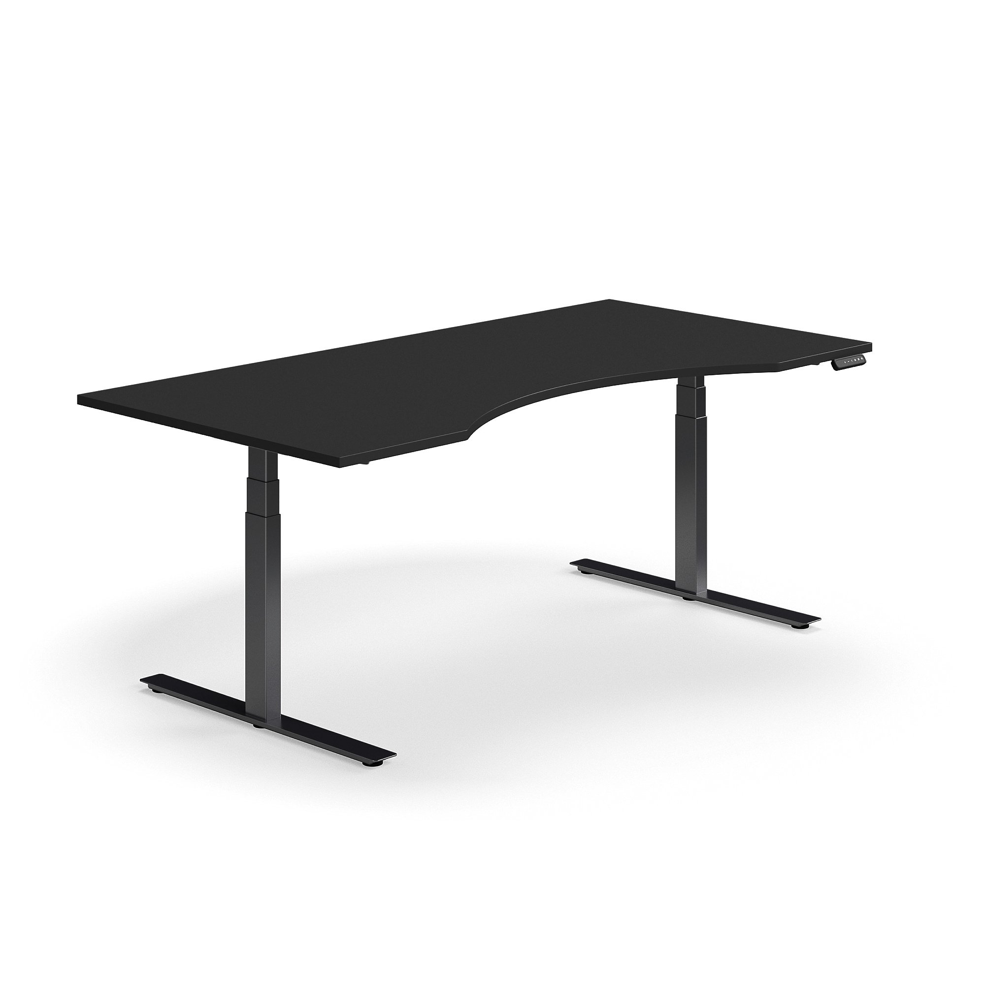 Výškově nastavitelný stůl QBUS, vykrojený, 2000x1000 mm, černá podnož, černá