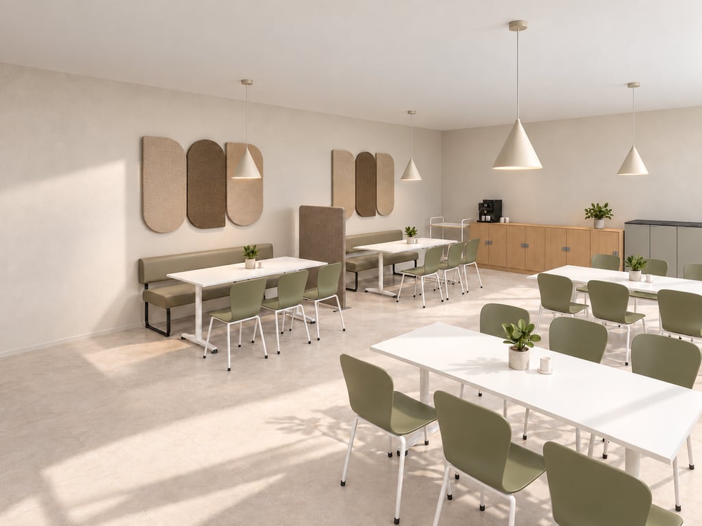 Pohovky START a stoly SANNA s olivovými židlemi MILLA, paravánem ZONE a panely POLY