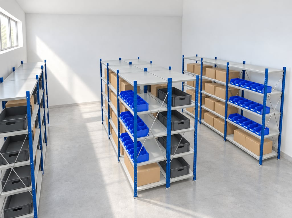 Jednostranně obsluhované regály MIX s boxy APART a přepravkami AJ EURO