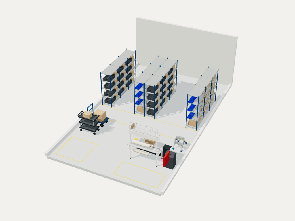 Náhled interaktivního modelu skladu 60 m² s regály MIX a balicím stolem SEND