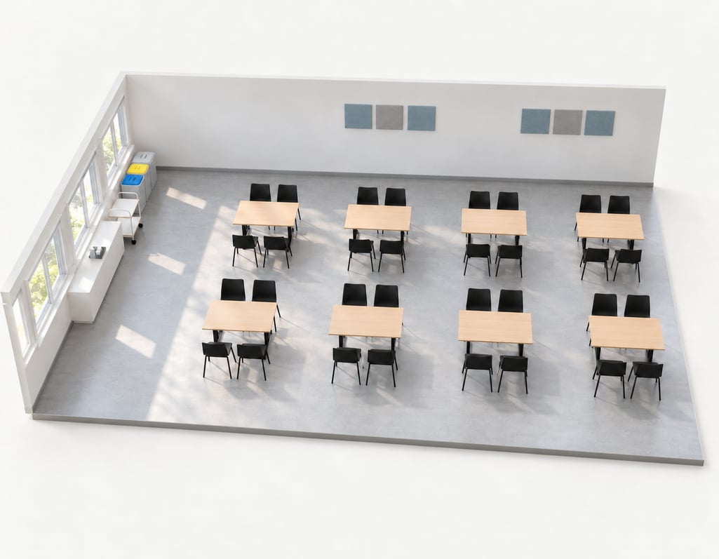 Celkový pohled na jídelnu 96 m² s osmi bukovými stoly SANNA, 32 černými židlemi SIERRA a zázemím u oken
