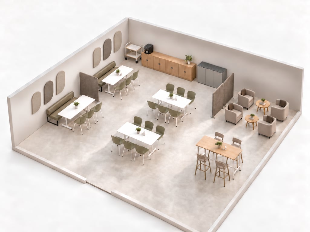 Firemní bistro 100 m² se čtyřmi stoly SANNA, vysokým stolem VARIOUS a odpočinkovým koutkem COMFY