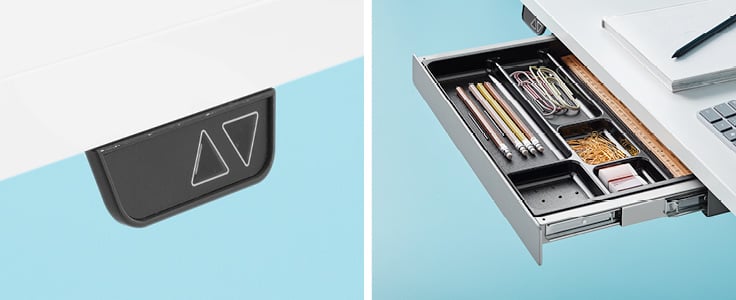 Sähköpöydän säätöpainike ja vetolaatikko.