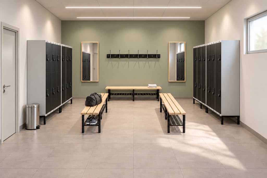 Celkový pohled na šatnu 30 m² s černými skříňkami CLASSIC Z, elektronickými zámky NIRO a třemi borovicovými lavicemi