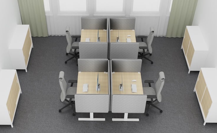 a 3D drawing of an open layout with desktop screens
