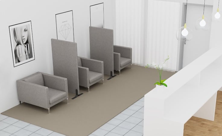 a 3D layout of a reception area with sound absorbing sofa and wall panels