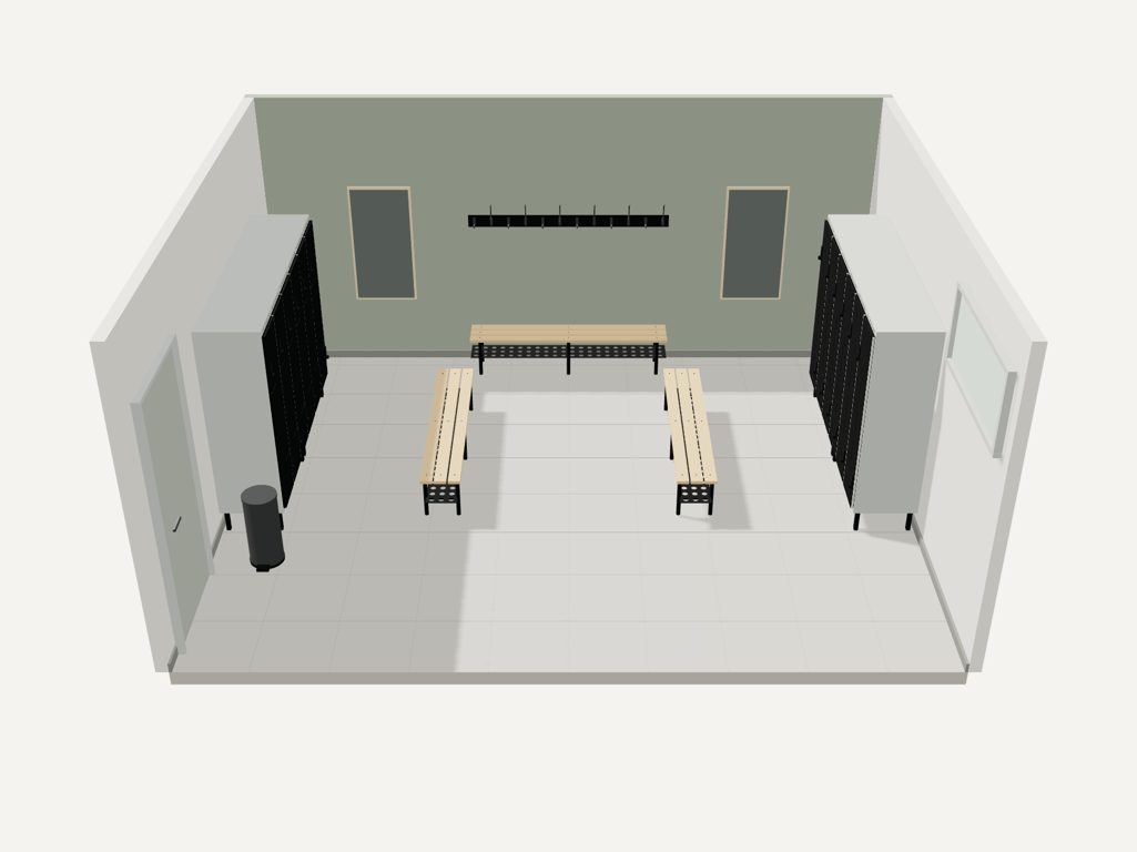 Náhled interaktivního modelu šatny 30 m² se 24 přihrádkami a třemi lavicemi