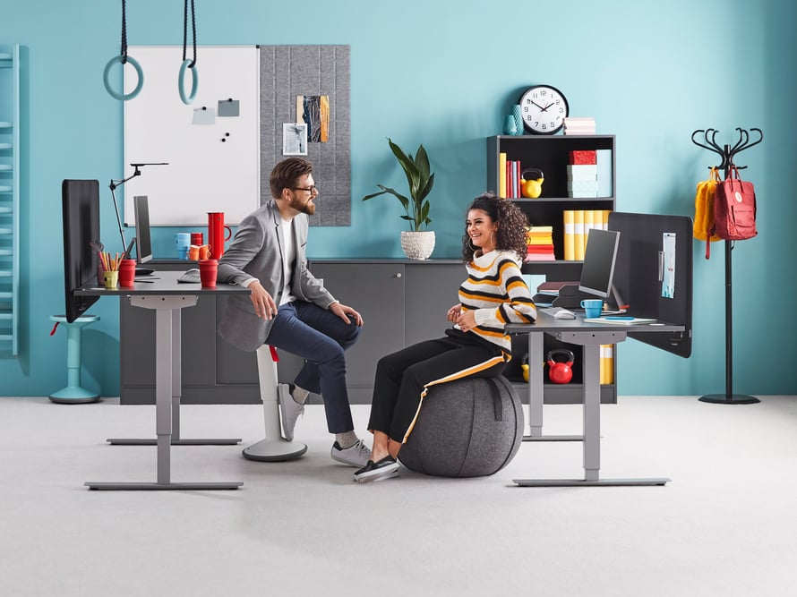 A vibrant and modern office space designed for flexibility and comfort. A man in a grey blazer and glasses sits on a wobble stool, engaging in conversation with a woman in a striped sweater and black joggers, who is seated on a large grey exercise ball. The office features height-adjustable desks equipped with monitors and ergonomic seating. The background includes a blue wall with a whiteboard, gymnastic rings, and a felt organizer, adding a dynamic and creative touch. A black shelving unit holds books, plants, and office supplies, while a coat rack with a red backpack and a jacket is positioned nearby. The space combines functionality with a playful and inviting atmosphere, promoting movement and collaboration in the workplace.