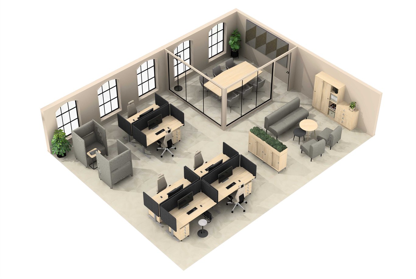 Bilde av kontorlandskap med ulike soner i 3D