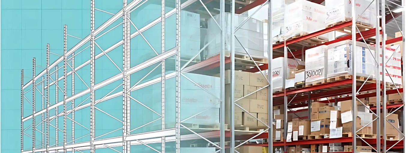 Large warehouse filled with shelves and boxes. The structure is made of steel, highlighting its robust construction. Organized space for storage and logistics.