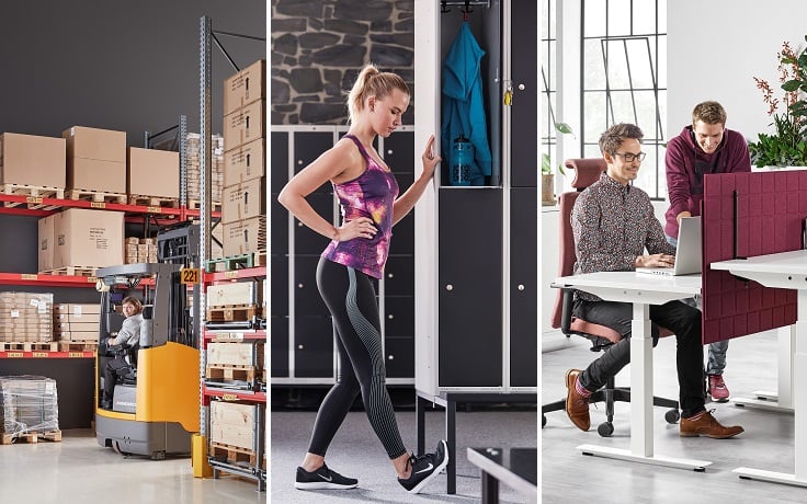 A split image showcasing three different environments: a warehouse scene featuring a man working in a forklift, a woman stretching at a changing room and two men working on an office