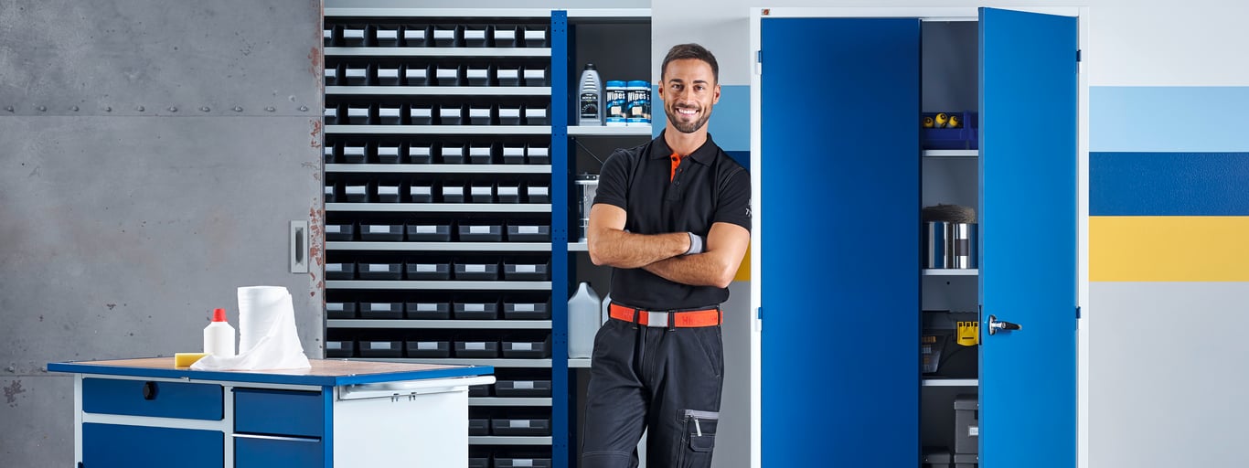 a person standing in a storage room with different storage furniture options