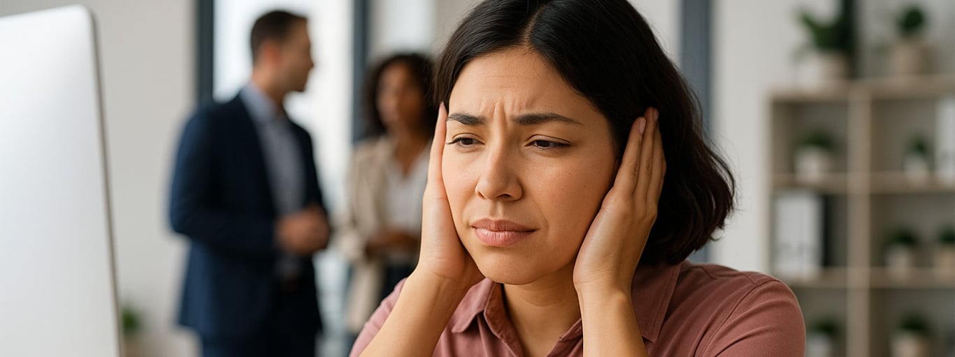 a woman covering her ears with her hands as she is annoyed by a loud noise